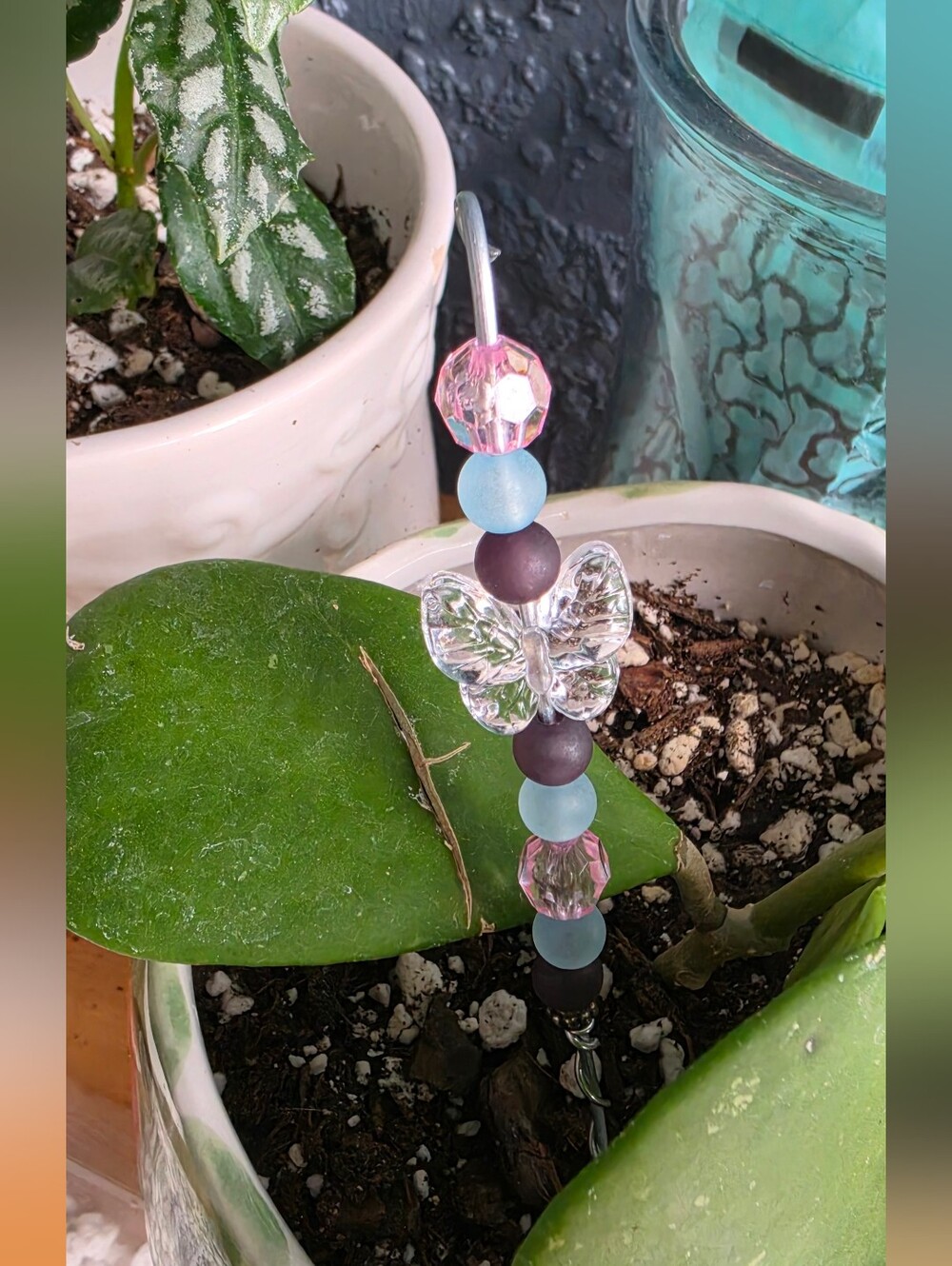 Handmade Butterfly Pink & Blue Beaded Plant Stick/plant Stake/ Garden Decor.